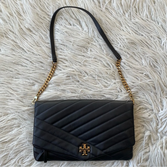 Tory Burch Black Lambskin Leather Convertible Kira Chevron Clutch Logo Bag EUC - Picture 3 of 12